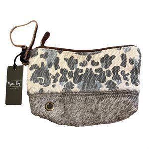 NWT Myra Bag Gray Cream Spotted Canvas Leather Hairon Wristlet Purse